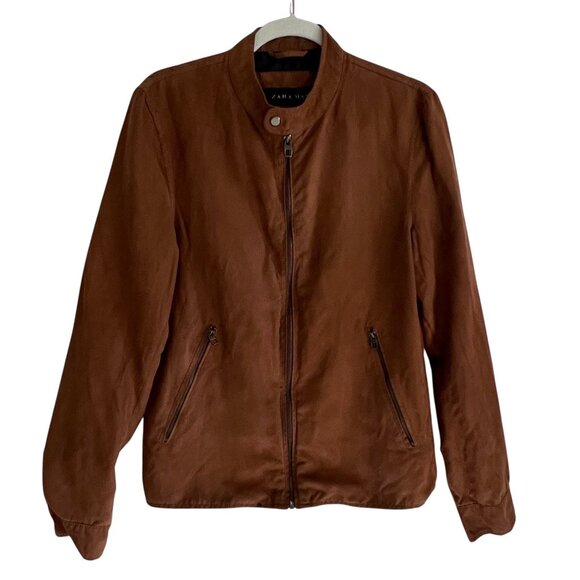 Zara Man Faux Suede Zip Jacket Shirt Men’s Small Brown Overshirt Shacket - Picture 2 of 13